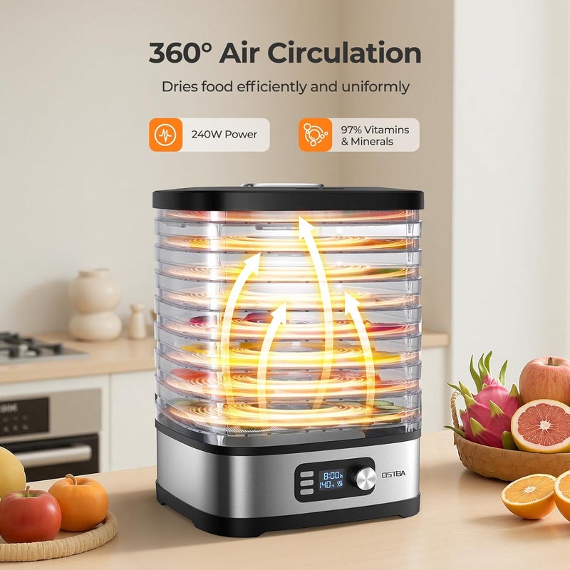 OSTBA 8-Tray Food Dehydrator, 72H Timer & Temp Control up to 158℉, Includes 8 Mesh Sheets, 1 Fruit Roll Tray, 1 Tongs, Recipe Book for Jerky, Fruit, Meat, Vegetables, Herbs, BPA-Free - Image 3